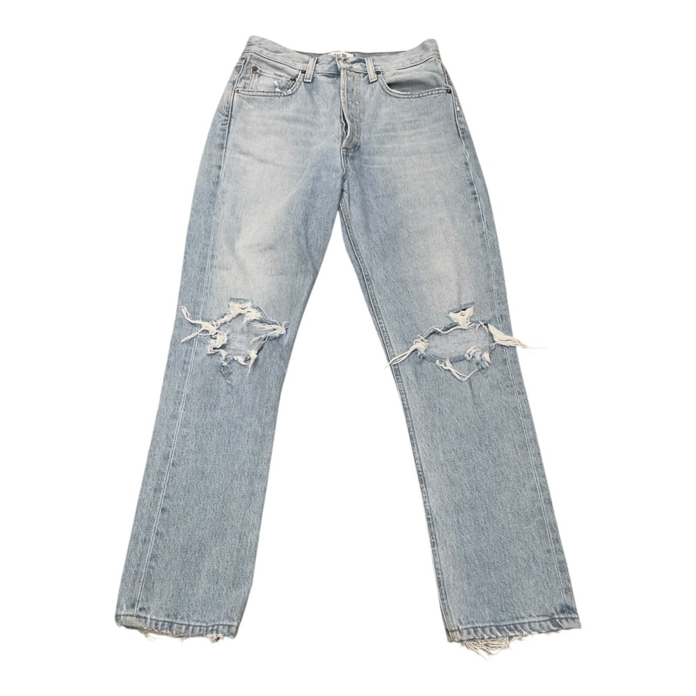 AGOLDE Riley Straight Crop Jeans Women 25 Blue Distressed High Rise A056-1141